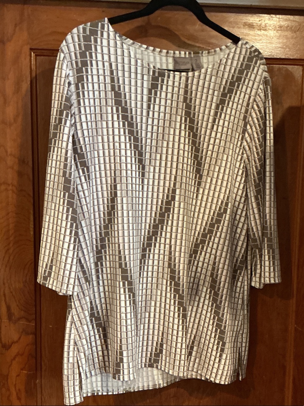 Chico's White and Tan and Brown Geometric Long Sleeve Top